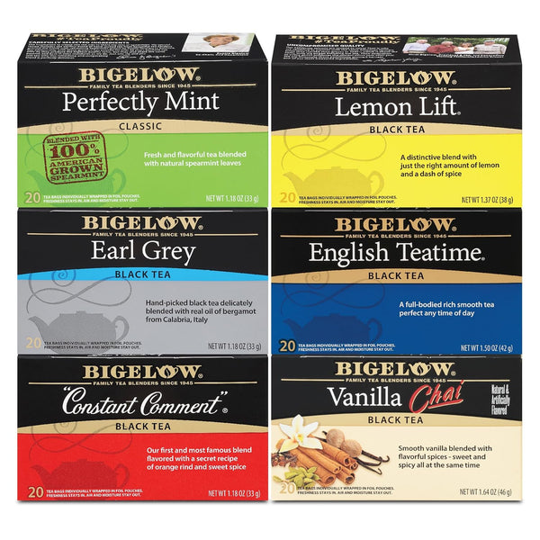 Bigelow Tea Black Tea 6 Flavor Variety Pack, Caffeinated Tea with Mint, Lemon, Constant Comment, English Teatime, Earl Grey, and Vanilla Chai, 20