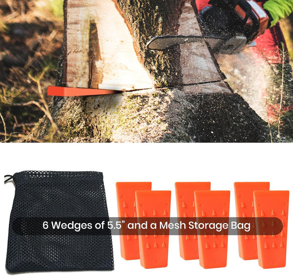AR-PRO 6 Pack Tree Felling Wedges with Spikes for Safe Tree Cutting – 5.5” Wedges with Storage Bag; 6 Felling Dogs to Guide Trees Stabilize and