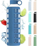 Purifyou Premium 40/32 / 22/12 Oz Glass Water Bottles with Times to Drink and Volume, Silicone Sleeve & Stainless Steel Lid Insert, Reusable for