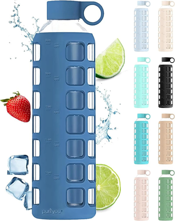 Purifyou Premium 40/32 / 22/12 Oz Glass Water Bottles with Times to Drink and Volume, Silicone Sleeve & Stainless Steel Lid Insert, Reusable for