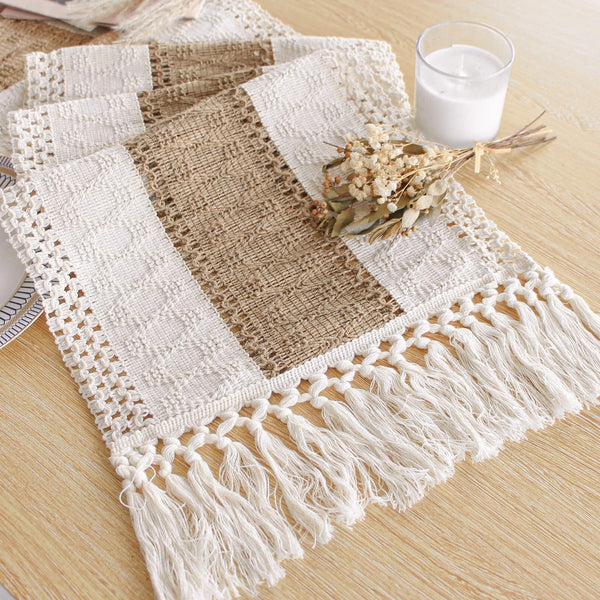 FEXIA Boho Table Runner for Home Decor with Tassels 72 Inches Farmhouse Long Pottery Barn Furniture Rustic Macrame Burlap Table Decoration for