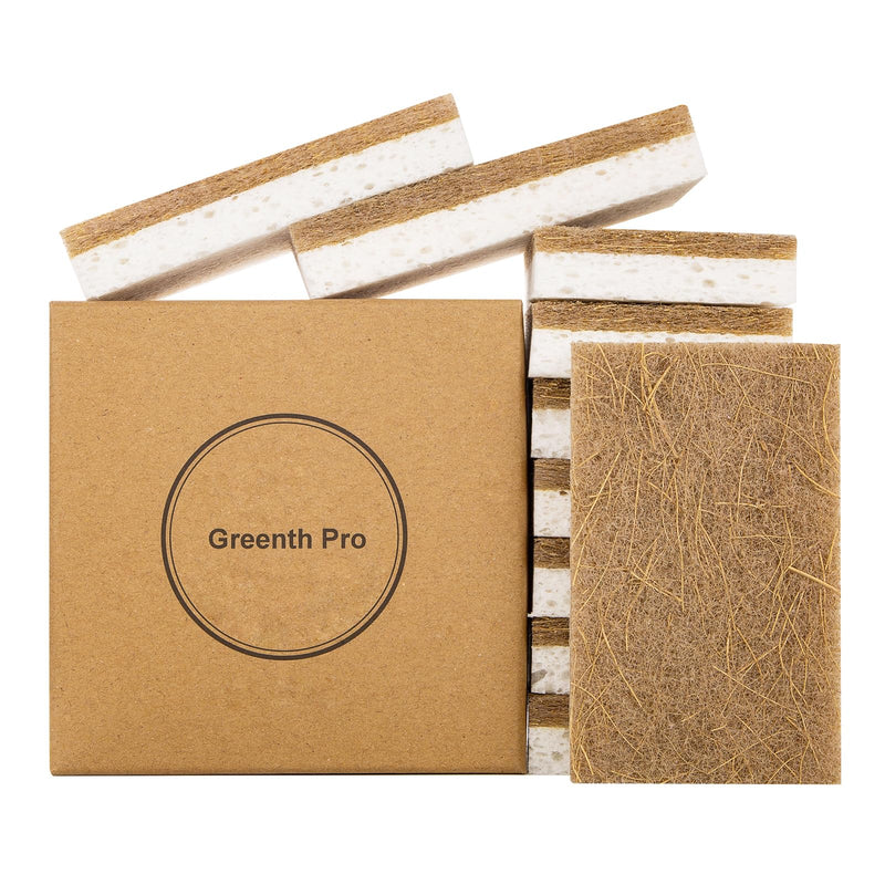 GREENTH PRO 10 Pack Nature Dish Sponge - Natural Kitchen Sponge - Coconut Fiber and Wood Cellulose Scrubber