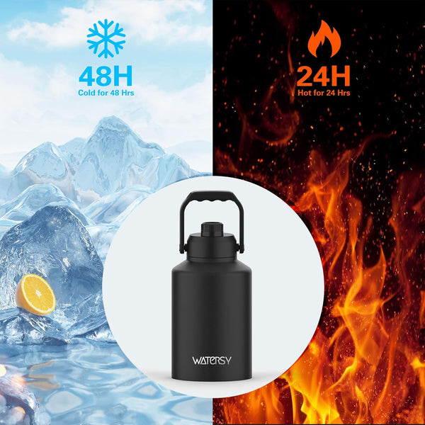 WATERSY 1 Gallon Water Bottle Insulated(Cold for 48 Hrs),BPA Free&Leak Proof,128oz Stainless Steel Water Jug with Handle for