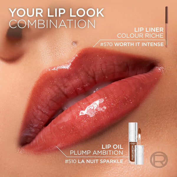 L'Oreal Paris Plump Ambition Hyaluron Lip Oil, 24 HR Lip Gloss with Hyaluronic Acid, Volumizing Formula with Glass-Like Shine, Worth It 601, 0.16