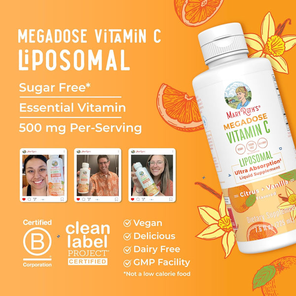 Maryruth Organics Liposomal Vitamin C | Immune Support Supplement | Megadose Vitamin C Supplement 500Mg | Skin Care | Liquid Vitamin C | Vitamin E