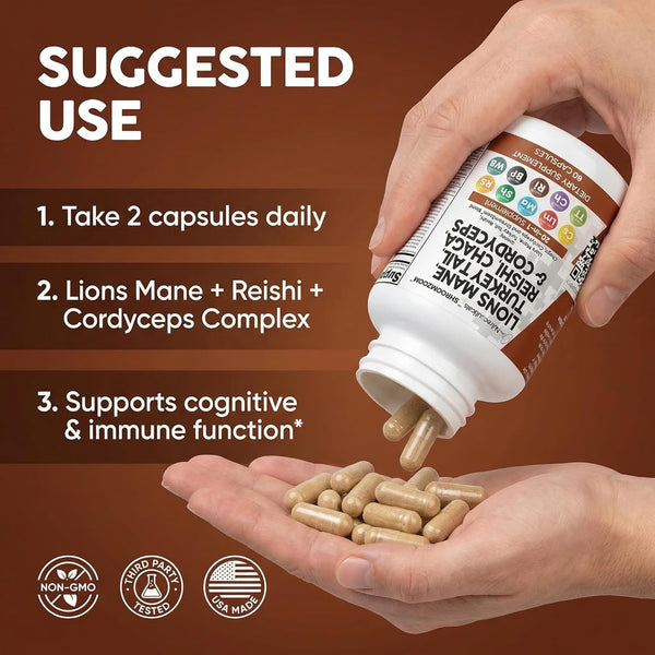 Clean Nutraceuticals Lions Mane 20in1 Mushroom Supplement with Turkey Tail Reishi Cordyceps Chaga Maitake Meshima Poria Cocos Shiitake Oyster