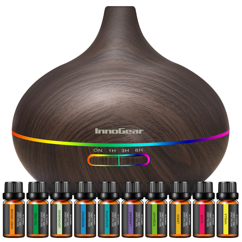 Innogear Aromatherapy Diffuser & 10 Essential Oils Set, 400Ml Diffuser Ultrasonic Diffuser Cool Mist Humidifier with 4 Timers 7 Colors Light
