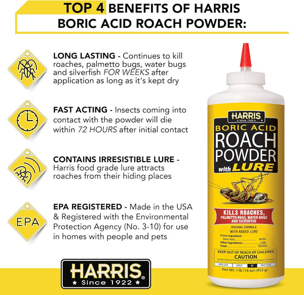 HARRIS Boric Acid Roach and Silverfish Killer Powder w/Lure for Insects (16oz) Pack of 1