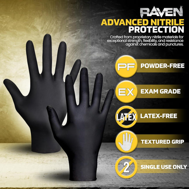 Raven Powder Free Nitrile Disposable Gloves 7 Mil - XL Latex Free, Chemical + Pu