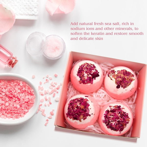 Dried Flower Bath Bombs Salt Balls,4 Pack Gift Set,Rose Extract Essential Oils,Moisturizing Dry Skin,Fizzy Spa,Relaxation,Self