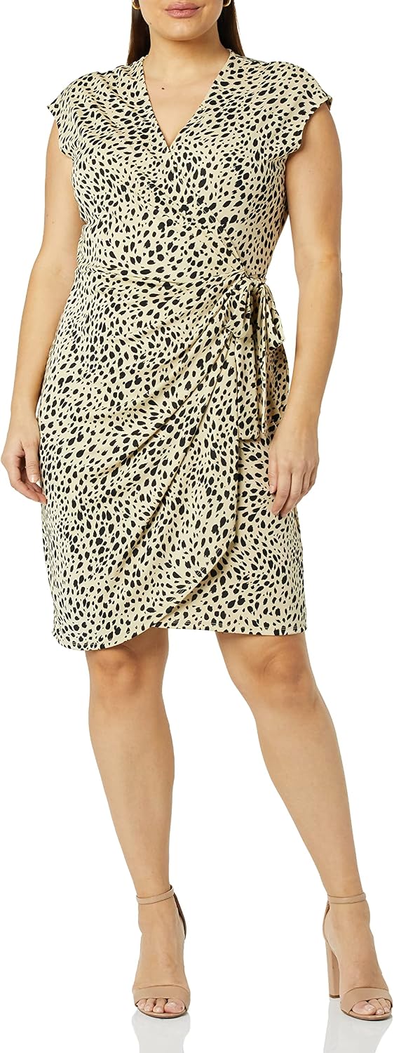 Amazon Essentials Women's Classic Cap Sleeve Wrap Dress with V Neck (Available in Plus Size) XX-Large Tan, Classic Animal Print