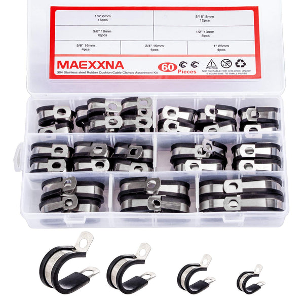 60pcs Wire Clamps Assortment Kit, Stainless Steel 304 Rubber Cushion Cable Clamps Assorted in 7 Sizes 1/4'' 5/16'' 3/8'' 1/2'' 5/8'' 3/4'' 1'',