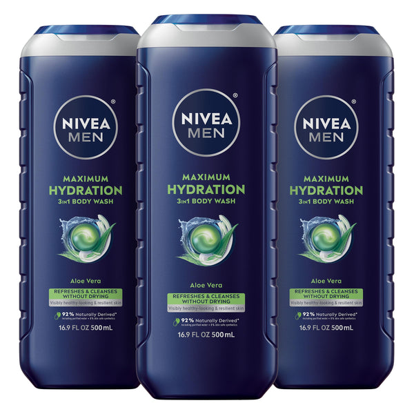 NIVEA MEN Maximum Hydration Body Wash for Dry Skin, Aloe Vera Enriched, 3-in-1 Moisturizing Body Wash, Face and Hair, Paraben Free, Vegan Formula,