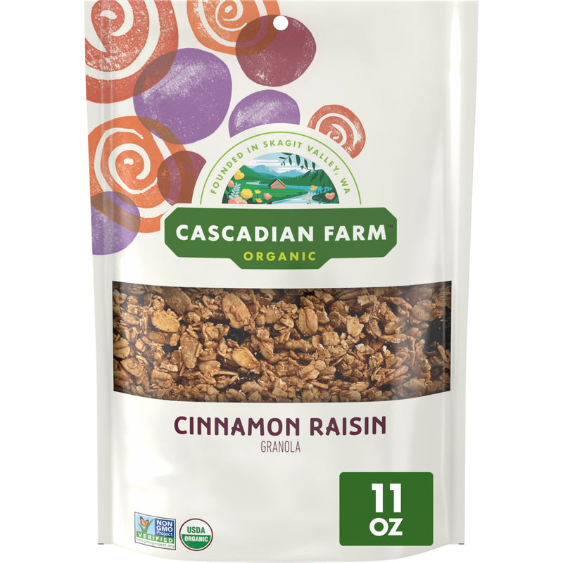 Cascadian Farm Organic Granola, Cinnamon Raisin Cereal, Resealable Pouch, 11 oz Cinnamon Raisin 11 Ounce (Pack of 1)