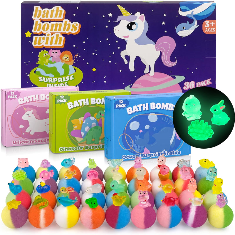 Bath Bombs for Kids with Toy Inside, 36 Pcs Bath Bombs with Glow in the Dark Dinosuar, Animal and Ocean Surprise Inside, Handmade Organic Bubble