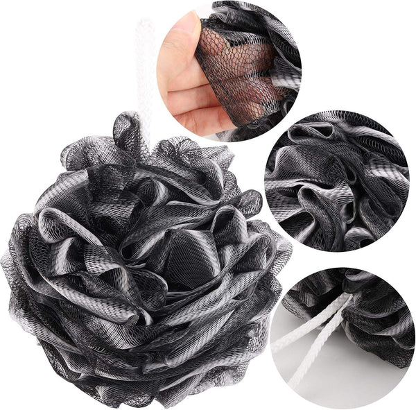BTYMS 4 Pieces Shower Loofahs Bath Scrunchies 75g/pcs Large Bath Sponge Body Loofahs Shower Pouf Mesh Pouf for Bathing Black 1 Count (Pack of 4)