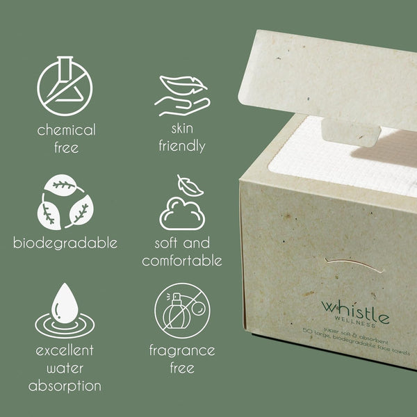 Whistle Wellnessâ¢ Disposable Face Towel 10"Ã12", Resealable Box, Biobased Plant Based Ultra Soft, Thickness Face Towelettes XL, Makeup Remover Dry
