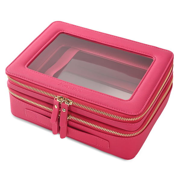 Aveniee XL Clear Makeup Organizer,Double Layer Travel Cosmetic Case with Brush Holder & Zippered Compartments,Big Toiletry Bag for Travel