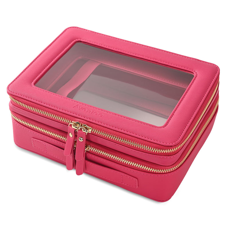 Aveniee XL Clear Makeup Organizer,Double Layer Travel Cosmetic Case with Brush Holder & Zippered Compartments,Big Toiletry Bag for Travel