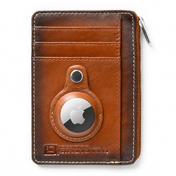 ID Stronghold RFID Blocking Front Pocket Wallet – Slim Minimalist Genuine Leather Wallet with Zipper Coin Pocket (Antiqued Brown)