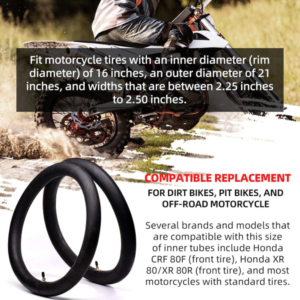 (2 Pack) AR-PRO 2.25/2.50-16” Off-Road Motorcycle Inner Tubes with TR4 Valve Stem - 70/90-16 Motorcycle Tire Replacement Inner Tubes - Compatible