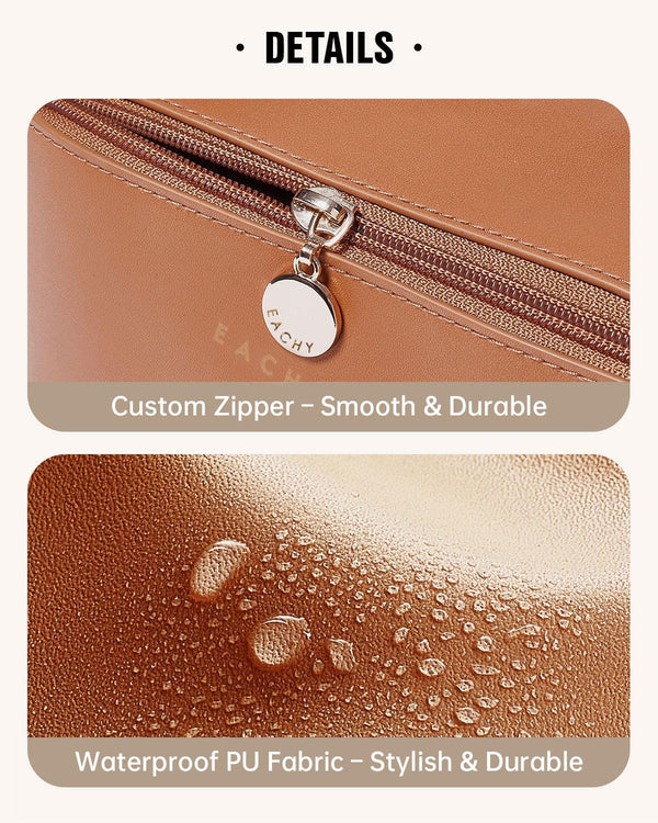 EACHY Travel Makeup Bag, Large Capacity Cosmetic Bag for Women, Waterproof PU Leather, Flat Open Portable Toiletry Bag for Skincare, Brushes &
