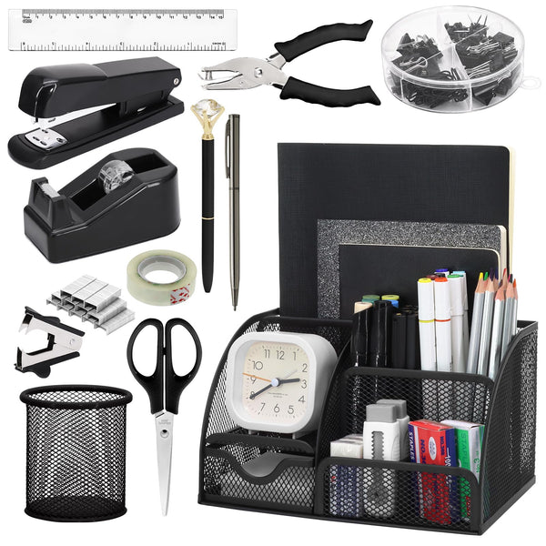 SYMDROMIA 13-in-1 Office Desk Organizer Set with Stapler and Tape Dispenser, Pen Holder, Scissors, Ruler, Hole Punch, 2 Pens & More Desktop