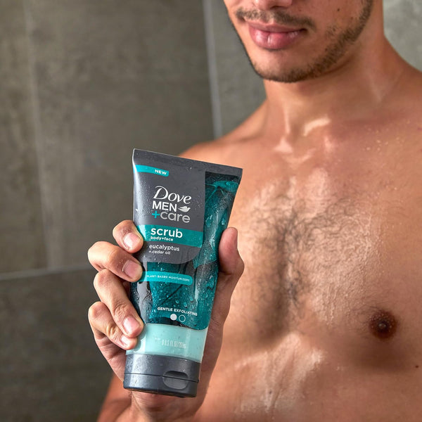 DOVE MEN + CARE Body and Face Scrub Eucalyptus Deeply Exfoliates for Hydrated & Nourished Skin 100% Gentle Cleanser, No Sulfate Cleansers or