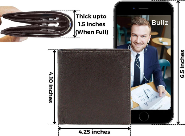 Bullz Genuine Nappa Cow Leather Thick Dual Credit Card ID Flap Quad Fold Large Bifold Mens Wallet Passcase RFID | Genuine Brown