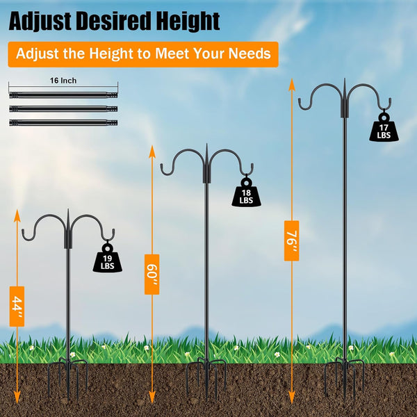 FEED GARDEN Heavy Duty Shepherds Hook 76" Double Hooks Adjustable (44/60/76") - Alloy Steel 5-Prong Base, 17lb Capacity - Easy Assembly Bird