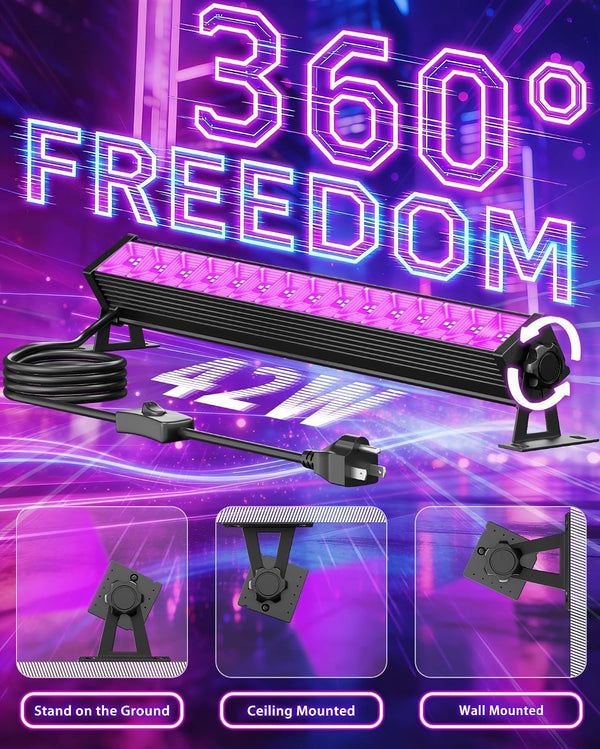 Upgraded 42W LED Black Light Bar, Blacklight Flood Light with Plug+Switch+5.9ft Cord, Light Up 24x24ft Area, for Halloween Glow Fluorescent Party