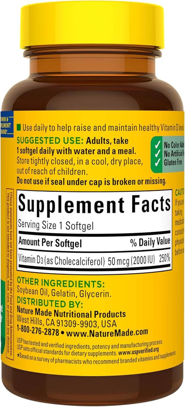 Nature Made Vitamin D3 2000 IU (50 Mcg), Dietary Supplement for Bone, Teeth, Muscle and Immune Health Support, 90 Softgels, 90 Day Supply