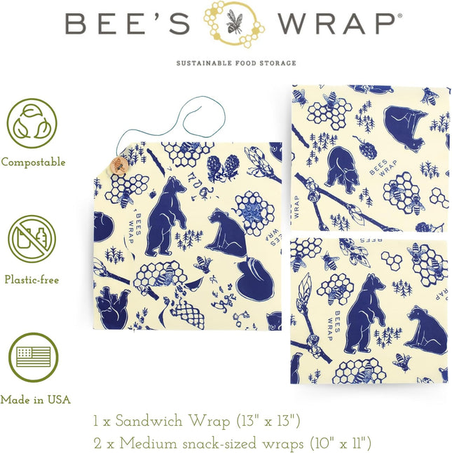 Bee'S Wrap Beeswax Wraps for Food - Bees + Bears 3 Pack (2M 1 Sandwich) Made in USA Reusable & Organic Food Wraps, Sandw