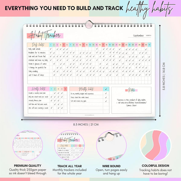 Habit Tracker Calendar â Daily, Weekly & Monthly Habit & Goal Tracker, Wire-Bound Planner with Colorful Design, Premium 250Gsm Paper | A5 Rainbow