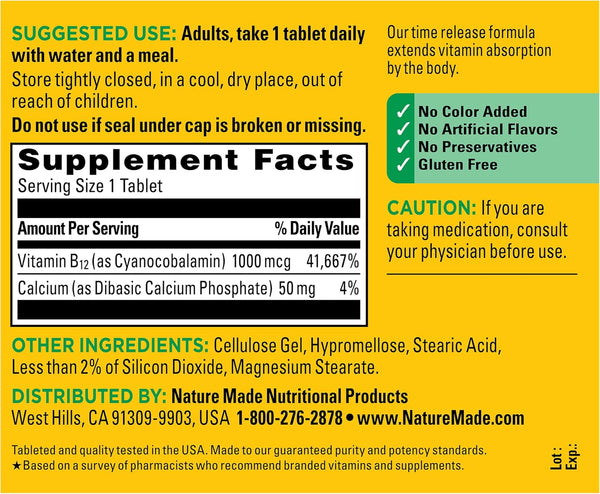 Nature Made Vitamin B12 1000 mcg Time Release Tablets, 160 Tablets 160 Count (Pack of 1)