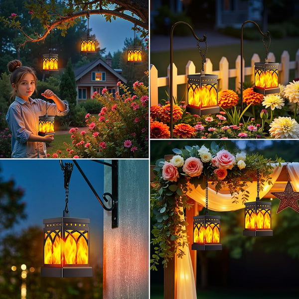 KOOPER 4 Pack Solar Lanterns Outdoor Waterproof, Upgraded Flickering Flame Modes + Constant Modes Hanging Solar Lantern Lights for Outside,