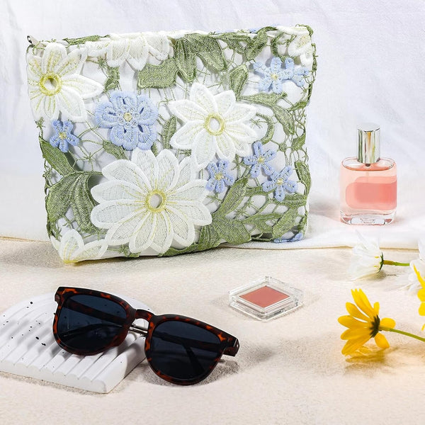 URSKYTOUS Flower Makeup Bags Travel Large Floral Cosmetic Bag for Women Cute Makeup Pouch Zippered Portable Toiletry Bag Lace Trendy Aesthetic