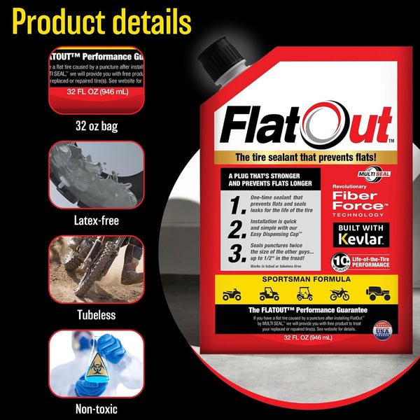 FlatOut Tire Sealant Sportsman Formula - Prevent Flat Tires, Seal Leaks, Contains Kevlar, 32-Ounce Bottle, 1-Pack… 1 Pack - 32 Fl Oz