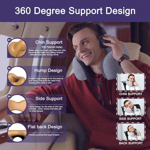 Napfun Neck Pillow for Traveling, Upgraded Travel Neck Pillow for Airplane 100% Pure Memory Foam Travel Pillow for Flight Headrest Sleep, Portable