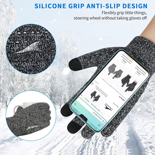 Achiou Winter Gloves for Men Women, 2 Pairs Touch Screen Texting Warm Running Gloves Thermal Soft Knit Lining, Elastic Cuff 1 Black/1 Black &