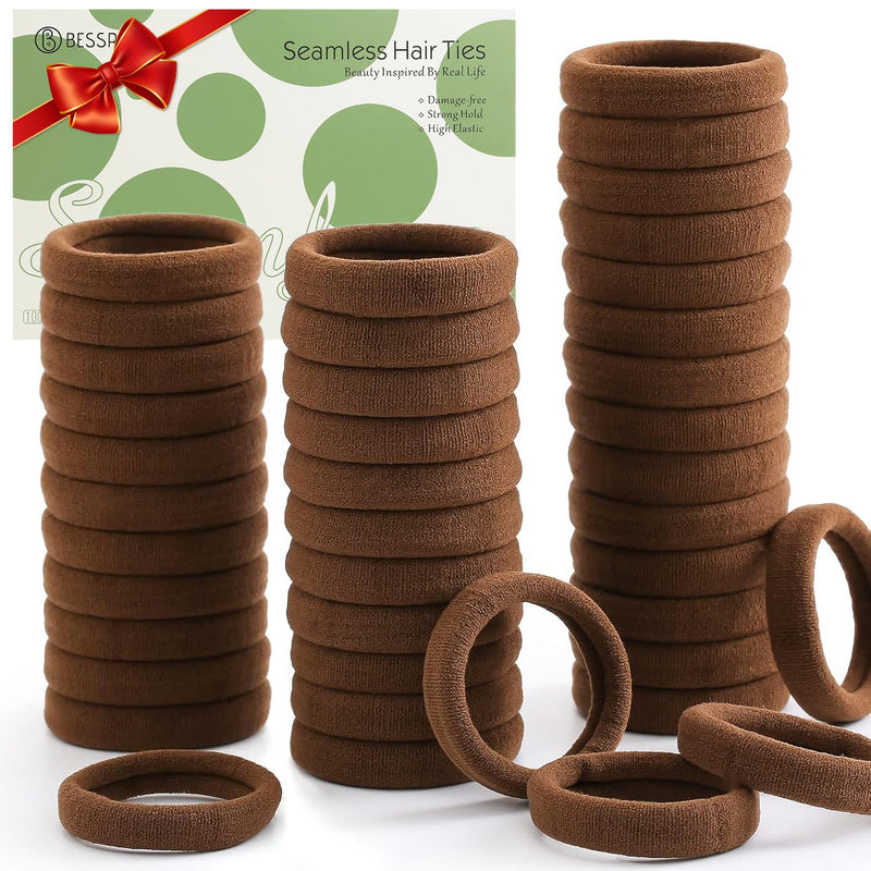 Bessrung 100 Pcs Thick Seamless Hair Ties, Ponytail Holders Hair Accessories for Women Girls No Damage for Thick Hair(Dark Brown Colors) 100 Count