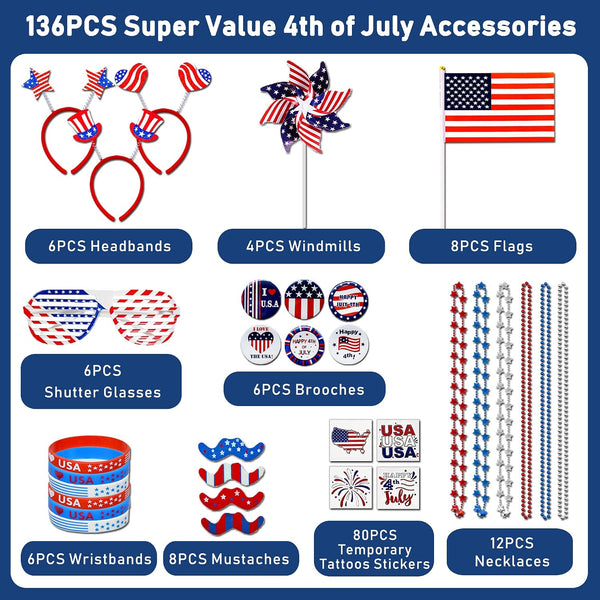 DysanVica 136PCS 4th of July Accessories - Patriotic Party Favors Fourth of July Decoration Supplies Headband Shutter Glasses Tattoo Sticker