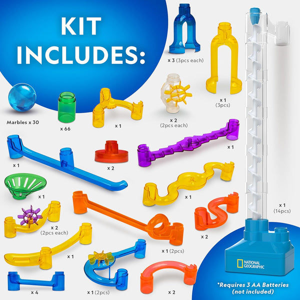 National Geographic Motorized Marble Run 150-Piece Building Set for Kids | Motorized Elevator, 30 Marbles, Storage Bag, Perpetual Motion Machine,