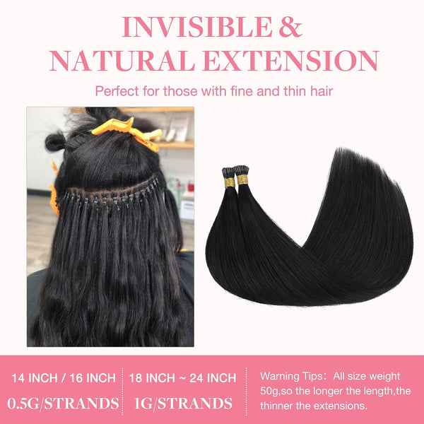 GOO GOO I Tip Hair Extensions Real Human Hair, 14inch 50g 100S, Cold Fusion I Tip Hair Extensions, Invisible Remy Hair Extension, 1 Jet black I-