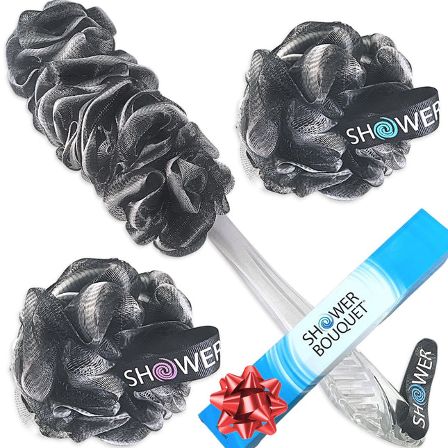 SHOWER BOUQUET Loofah-Charcoal Back-Scrubber & Bath-Sponge Set // 1 Long-Handle-Back-Brush Plus 2 Extra Large 75g Soft M
