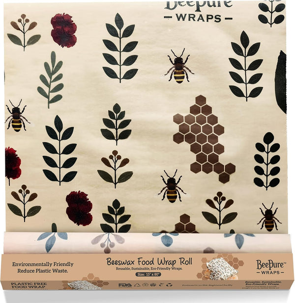BeePure Reusable Beeswax Food Wrap - Eco-Friendly, Sustainable Wrap Roll (15"x80") - Plant & Bee Pattern for Food Storage BP-ROLL-NATURE
