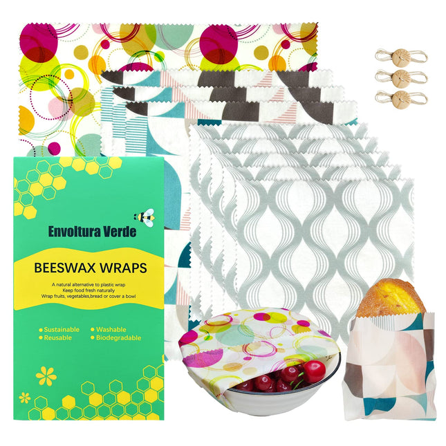 9Pcs Eco Friendly Reusable Sustainable Food Storage Beeswax Wraps, Bread Fruit Cheese Pack Lunch Containers, Kitchen Org