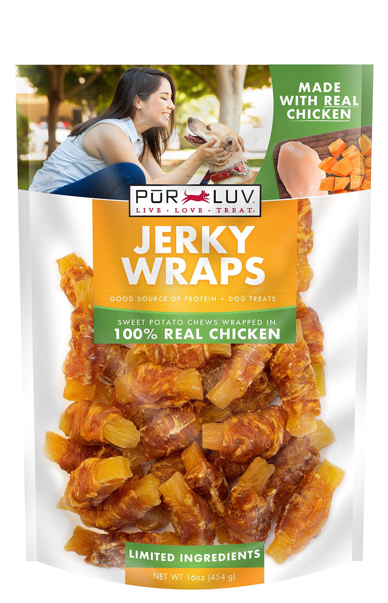 Pur Luv Chicken Wrapped Sweet Potato Dog Treats, Rawhide Free Jerky Wraps, Made with Real Chicken, 16 Oz, Healthy, Easily Digestible, Long