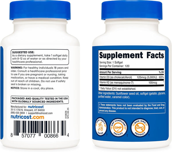 Nutricost Vitamin K2 (MK7) (100Mcg) + Vitamin D3 (5000 IU) 120 Softgels - Gluten Free and Non-Gmo