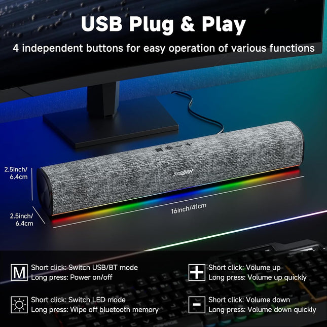 SOULION R100 Bluetooth Computer Speakers with Dynamic LED Light, USB Plug & Play PC Speakers with Switch Button, Clearly